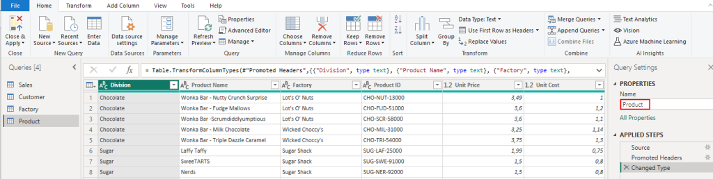 Product query renaming Power BI
