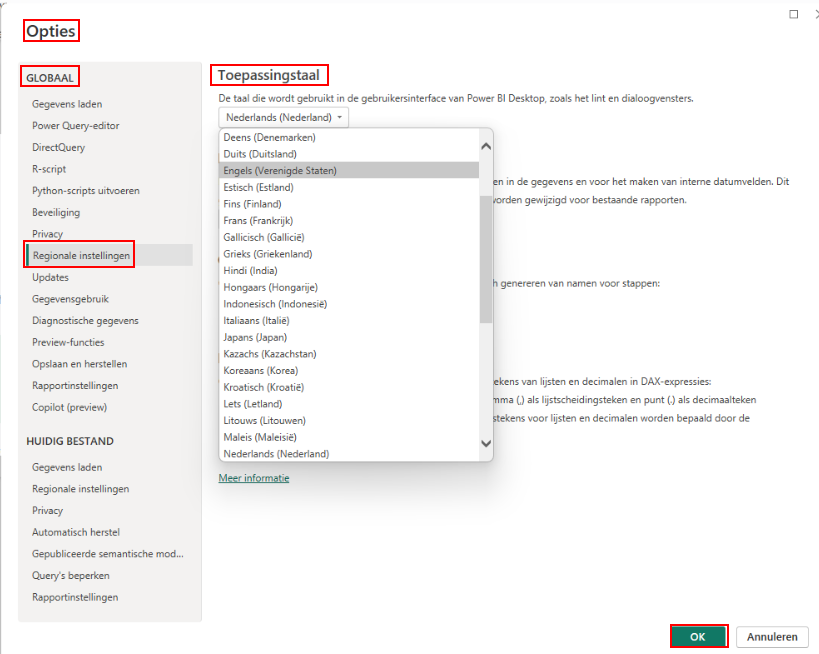 Taal wijzigen Power BI