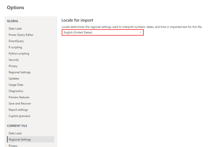 Locale for import Power BI