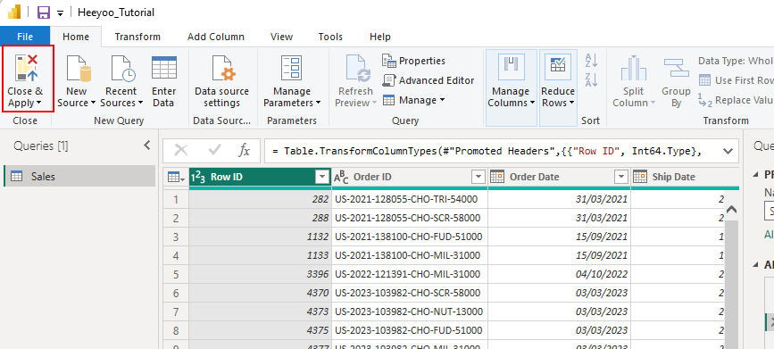 Close and apply Power BI