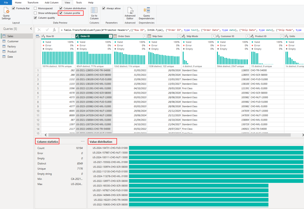 Column profile Power BI