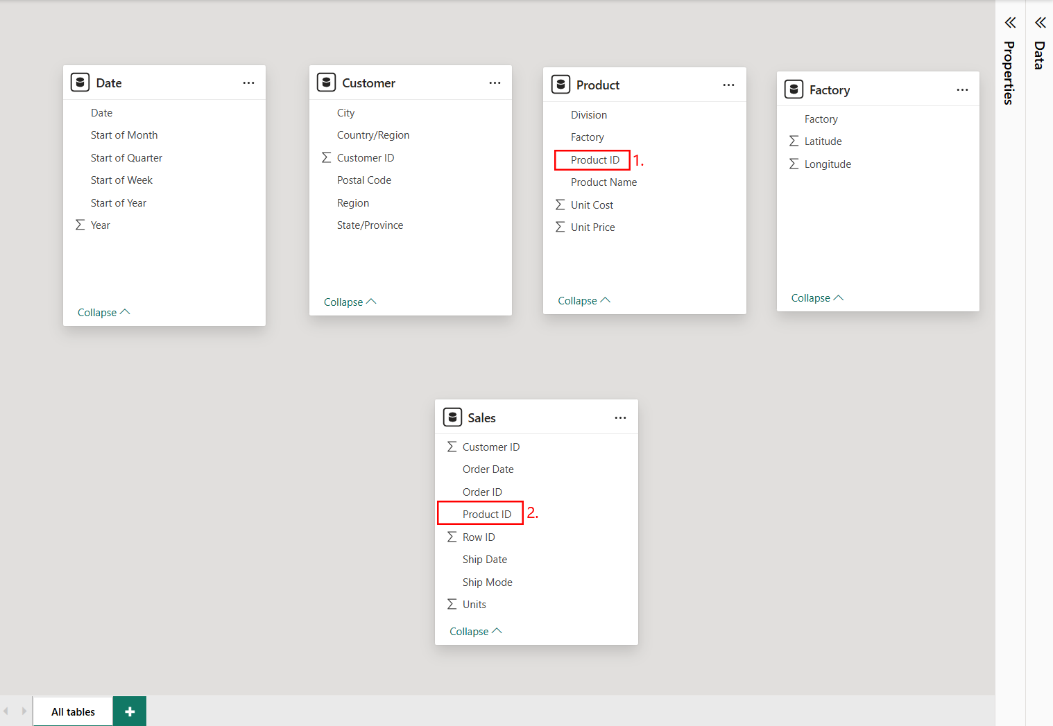 Power BI Model view Product ID