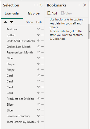 open bookmarks and selection power bi